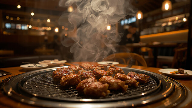 Contemporary Korean BBQ Interior with Dramatic Overhead Lighting and Lively Social Dining Atmosphere