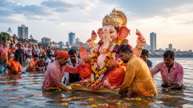 Devotees immerse a colorful Ganesha idol in the water during Ganesh Chaturthi, surrounded by flowers, crowds, and a vibrant waterfront cityscape in India.