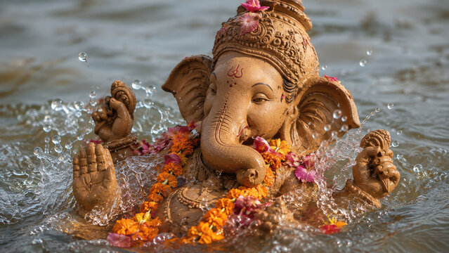 A beautifully decorated clay Ganesha idol is immersed in flowing water during a festive Hindu ceremony Ganesh Visarjan, surrounded by colorful flowers, splashing waves, and devotional symbolism.