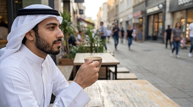Gulf Arab Man Enjoying Coffee at an Outdoor City Cafe