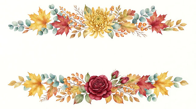 Watercolor autumn floral arrangement with leaves and flowers isolated on white background