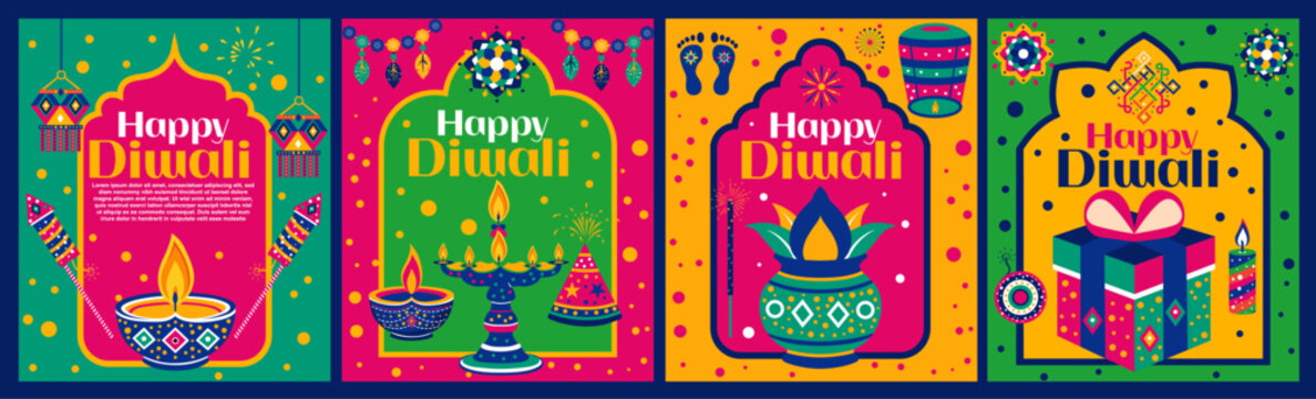 Happy Diwali Vector Banners and Poster Templates. Minimalist Flat Icon Set with Diya, Kalash, Lantern, Gift Box, Firecrackers. Festive Indian Deepavali Flyer, Leaflet, and Web Banner or Bunting Design