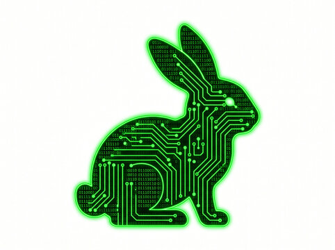 Green circuit board in shape of rabbit with binary code glowing brightly isolated on white background for technology.