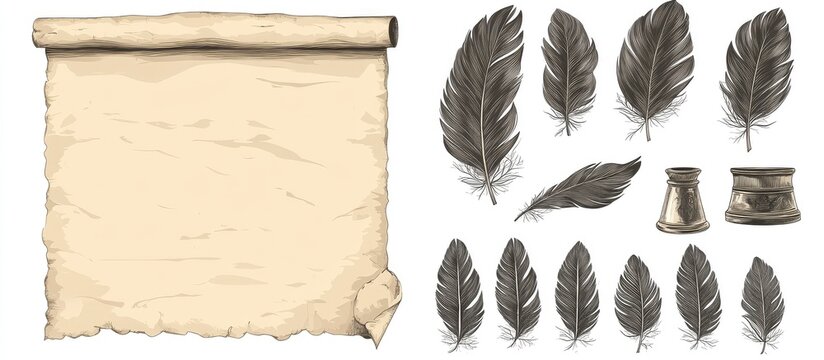 Vintage Blank Parchment Scroll with Antique Quill Feathers and Inkwells Set for Calligraphy and Old Manuscripts