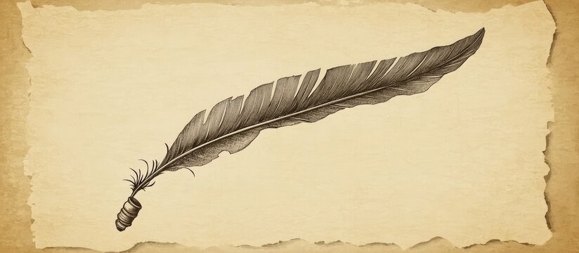 Vintage Quill Pen Illustration on Aged Parchment Paper with Torn Edges for Calligraphy and Antique Letter Writing