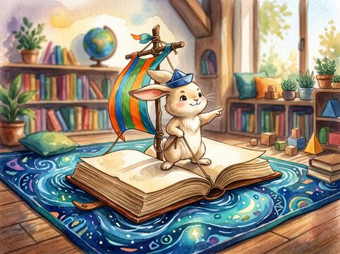 A cheerful bunny wearing a sailor hat sails on an open book across a blue sea rug in a cozy room filled with books.