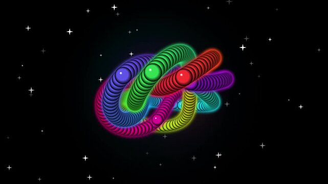Neon colorful geometric torus rotating in space with glowing sphere chain animation.