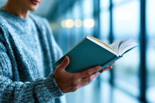 Student reading a hardcover book in library