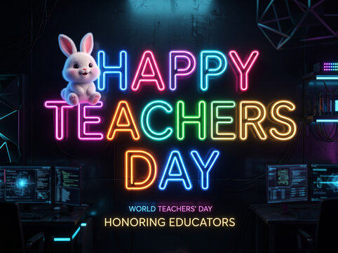 Bright neon text happy teachers day with fluffy white bunny in dark high tech research laboratory background concept.