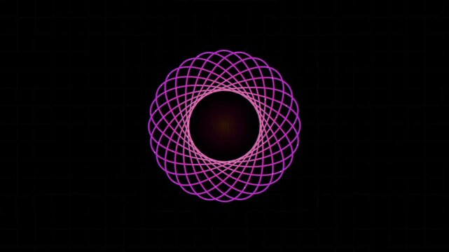 Hypnotic geometric flower graphic spinning on a dark digital background with grid.
