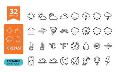 Obraz premium Weather forecast icon set including thirty two climate symbols and meteorological measurements for mobile applications.