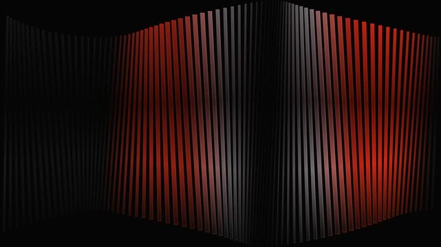Two vertical abstract blocks defined by rhythmic red and grey light lines