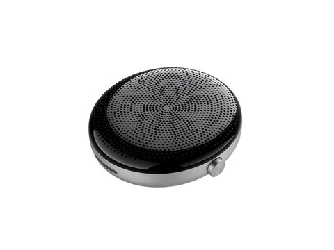Small portable speaker with perforated top and volume control button transparent background