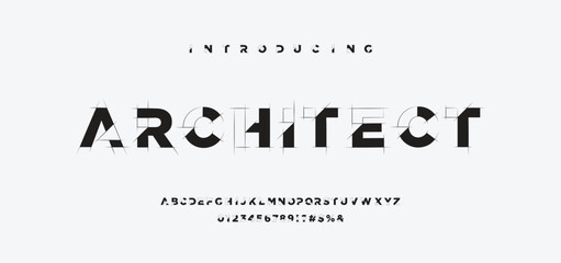 Blueprint font. Architectural typeface. Technical drawing alphabet with geometric construction guides, capital and lowercase letters, numbers, and symbols. Graphic vector illustration.  © Crossover