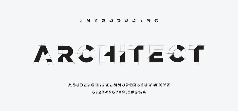 Blueprint font. Architectural typeface. Technical drawing alphabet with geometric construction guides, capital and lowercase letters, numbers, and symbols. Graphic vector illustration.

