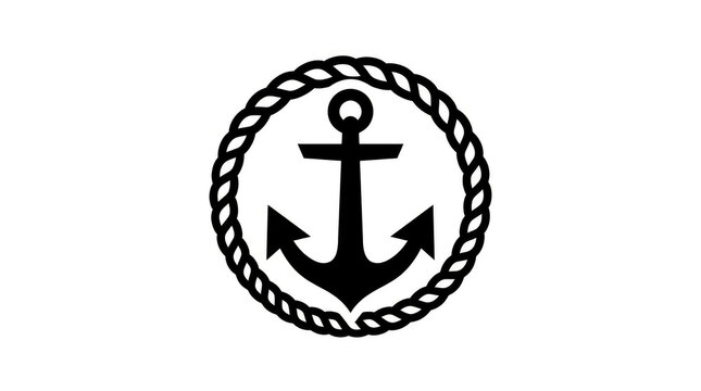 Black anchor silhouette inside a twisted marine rope circular frame minimal nautical emblem icon isolated on white background vector illustration