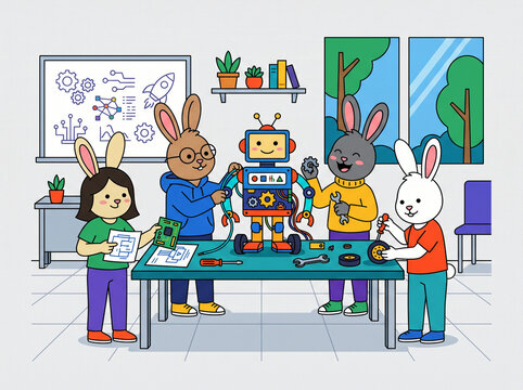 Group of cute bunny students working together to build a friendly robot in a modern science laboratory school setting.