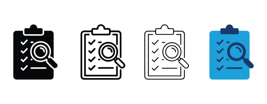 checklist clipart icons with magnifying glass examining checked boxes on transparent background