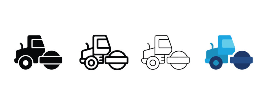 construction road roller vehicles icons in different styles for industrial design projects and presentations