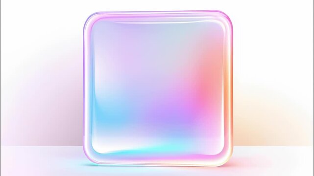 Iridescent glass cube slowly rotating on a white background, displaying a mesmerizing holographic light effect