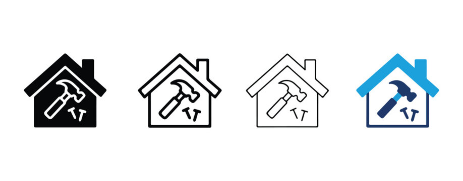 House Icons Showing Construction and Repair Tools Inside Different House Styles Isolated on Transparent Background