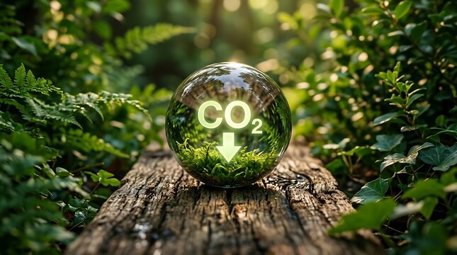Glass orb with glowing CO2 reduction icon on wooden log in green forest