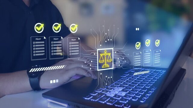  AI regulation, policy, ethics, and legal risk. Responsible AI technology and compliance standards. Artificial intelligence and law concept
