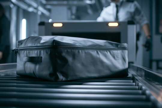 Security checkpoint at an airport with a piece of luggage on a roller conveyor belt for x-ray scanning