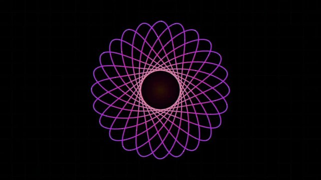 Abstract spirograph neon flower pattern looping on dark background for visuals.