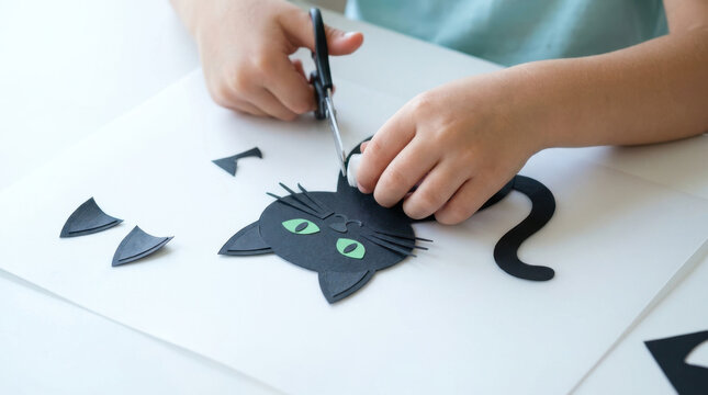 Child making paper cat decoration with scissors and black craft paper, expressing concentration during creative activity at white table