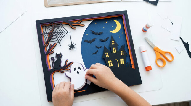 Child creating Halloween craft with paper ghost, haunted house, bat and spider decoration