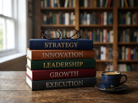 Stack of five books with inspiring words like strategy innovation leadership growth execution, eyeglasses on top, cup of coffee beside, library in background.