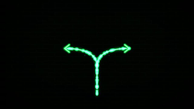 Neon green arrow splits two directions against black background for choice metaphor.