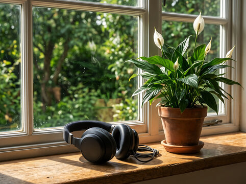 Black headphones on wooden windowsill near potted peace lily plant with white flowers bathed in sunlight filtering through window with green garden view.