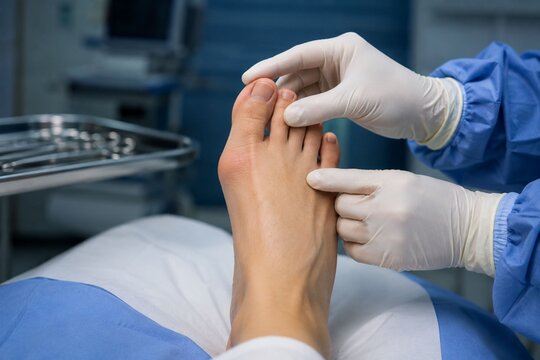 Doctor examining patient foot for bunion in medical clinic