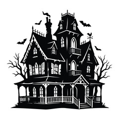 Fototapeta premium Spooky haunted mansion vector illustration with bats and trees for halloween spooky party.