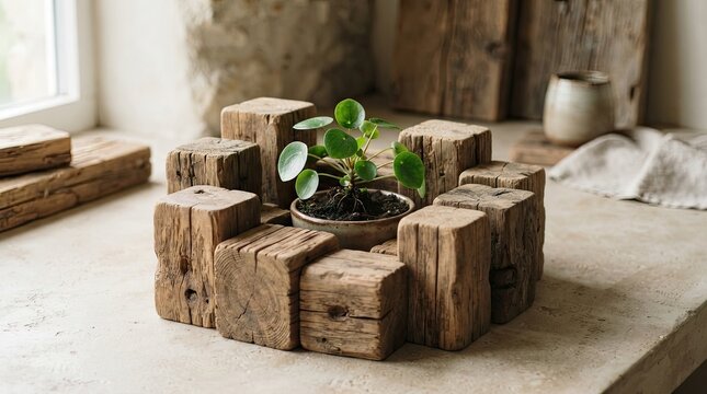 Pilea plant in a rustic wooden block planter