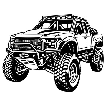 Black and white vector line art of a heavy-duty off-road 4x4 pickup truck with a roof light bar, winch bumper, and large mud tires. Perfect for vehicle graphics.