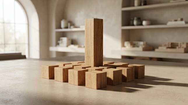 Wooden blocks arranged on a table in a minimalist interior