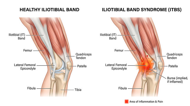 Healthy Iliotibial Band vs Iliotibial Band Syndrome ITBS Knee Anatomy Comparison