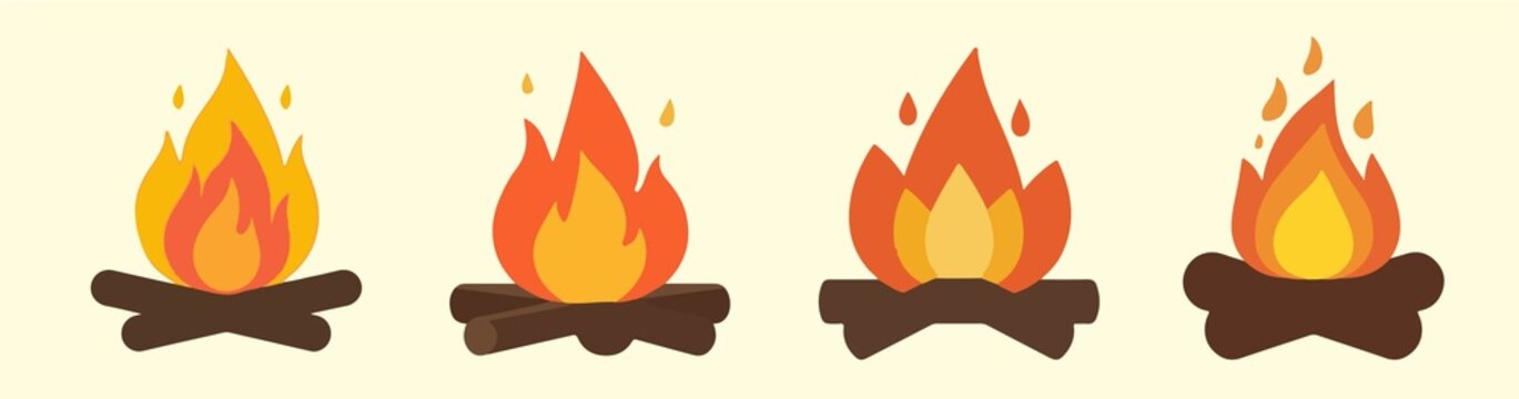 A minimalist illustration of a bonfire, featuring a clean, flat design aesthetic. The flames are depicted with simple, geometric shapes