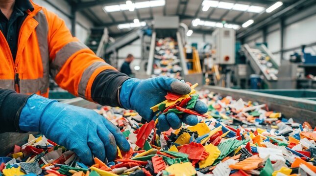 Industrial recycling worker sorting colorful plastic fragments in waste management facility, featuring sustainable circular economy concept for environmental conservation marketing.