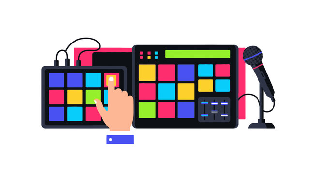 Modern Music Production Flat Vector Illustration with Drum Pad Controller, MIDI Interface and Studio Microphone