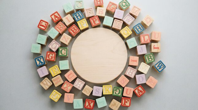 Alphabet wooden blocks arranged in a circle on a grey background
