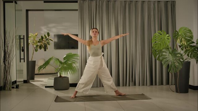 Woman performing standing side yoga stretch on mat in modern home interior, with plants and curtains