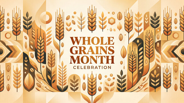 Whole Grains Month decorative vector pattern with wheat rye barley ears 