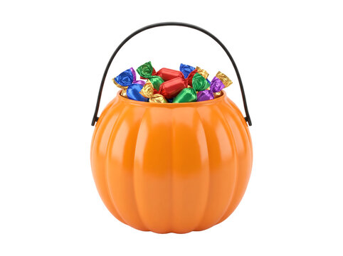 Orange pumpkin candy bucket filled with colorful sweets on transparent background