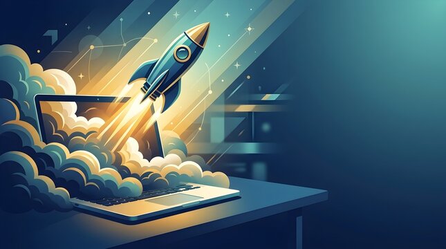 Business Startup Concept with Rocket Ship Launching from Laptop Screen, Symbolizing Digital Growth and Innovation Success