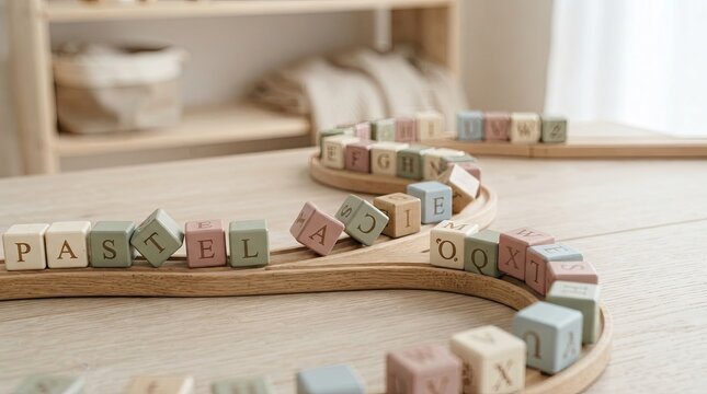 Wooden alphabet blocks on a toy train track