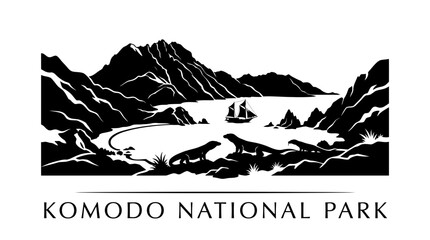 Fototapeta premium Komodo National Park dragon and island landscape silhouette